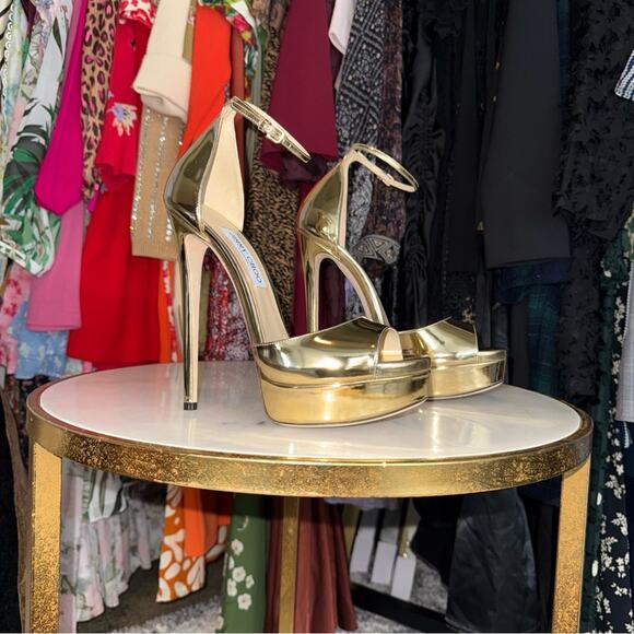 Jimmy Choo Gold Max 150 Mirrored-Leather Platform Stiletto Heel Open Toe Sandal - Picture 12 of 14
